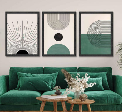 3 Pcs Sage Green Boho Canvas Wall Art Modern Abstract Minimalist Neutral Bohemian Sun Geometric Line Painting Picture Wall Decor Poster Print Artwork for Living Room Bedroom Home Decoration Unframed