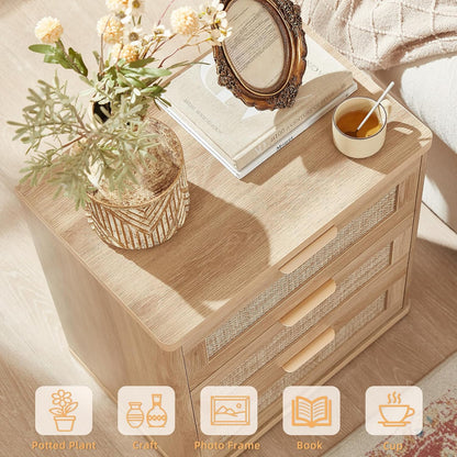 LEYAOYAO Boho Rattan Coffee Table and End Table Sets, 48" Wide Center Tables & 23" Night Stand with 3 Drawers, Natural Wood Coffee Table for Living Room 2 Piece Set
