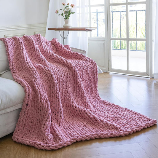 Chunky Knit Blanket - Luxury Soft Cozy 60 * 80 Throw Blanket,100% Woven Blanket Rope Knot Throw Blanket for Couch, Sofa, Home Decor, Gift - Machine Washable(Pink)