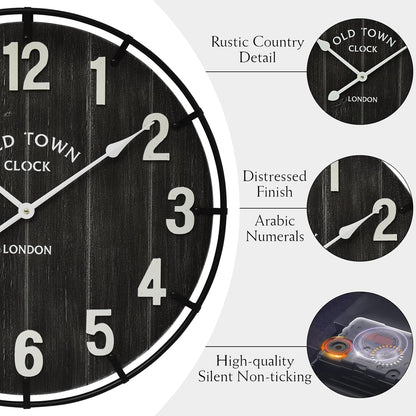 Large Old Town Farmhouse Wall Clock – 24 Inches Rustic Antique Wood with Metal Circle and Large Numerals, Silent Battery Operated Clock for Office, Kitchen, Bedroom, Living Room (Black)