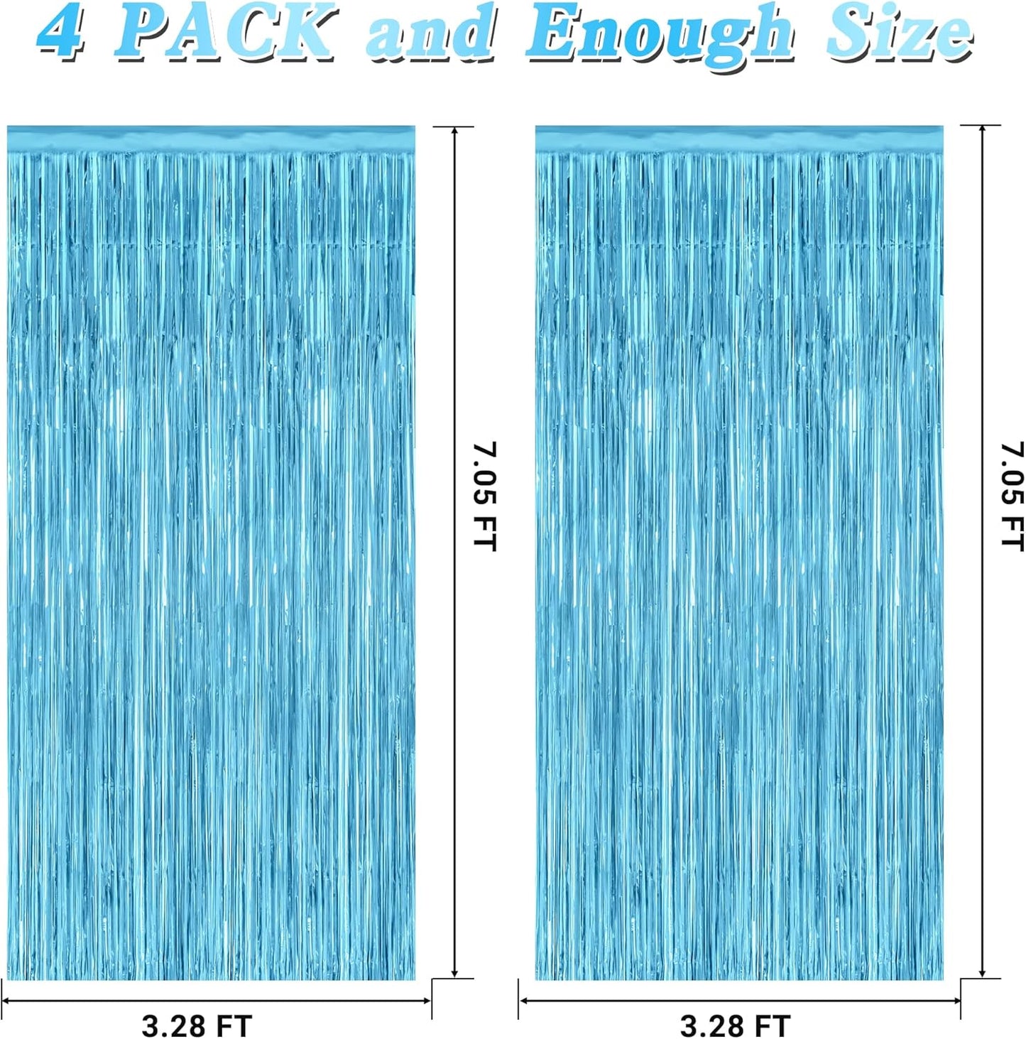 4 Pack Party Decorations, 3.28 FT x 7.05 FT Blue Foil Streamers, Metallic Sky Blue Backdrop Fringe Curtains Bithday Back Drop, Winter Backdrop for Party Supplies Door Decor Hanging