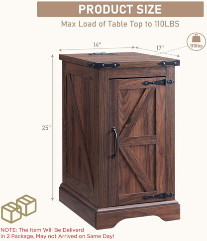 JXQTLINGMU Farmhouse Nightstand Set of 2 with Charging Station, 17" D Rectangular End Table with Barn Door & Adjustable Storage Shelf, Wood Rustic Sofa Side Table for Living Room, Bedroom, Brown