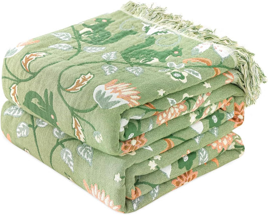 MSGKV Cotton Bed Blanket for Couch and Sofa Blankets for Living Room Bedroom Reversable Florals and Animals Throw 90"x98" Breathable Cozy Boho Blankets