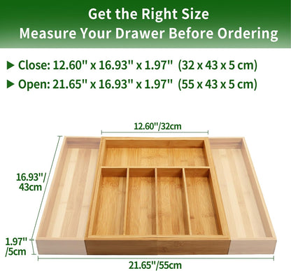 VaeFae Premium Bamboo Drawer Organizer, Expandable Silverware Drawer Organizer, Cutlery Tray with Dividers for Kitchen Utensils (Natural, Large)