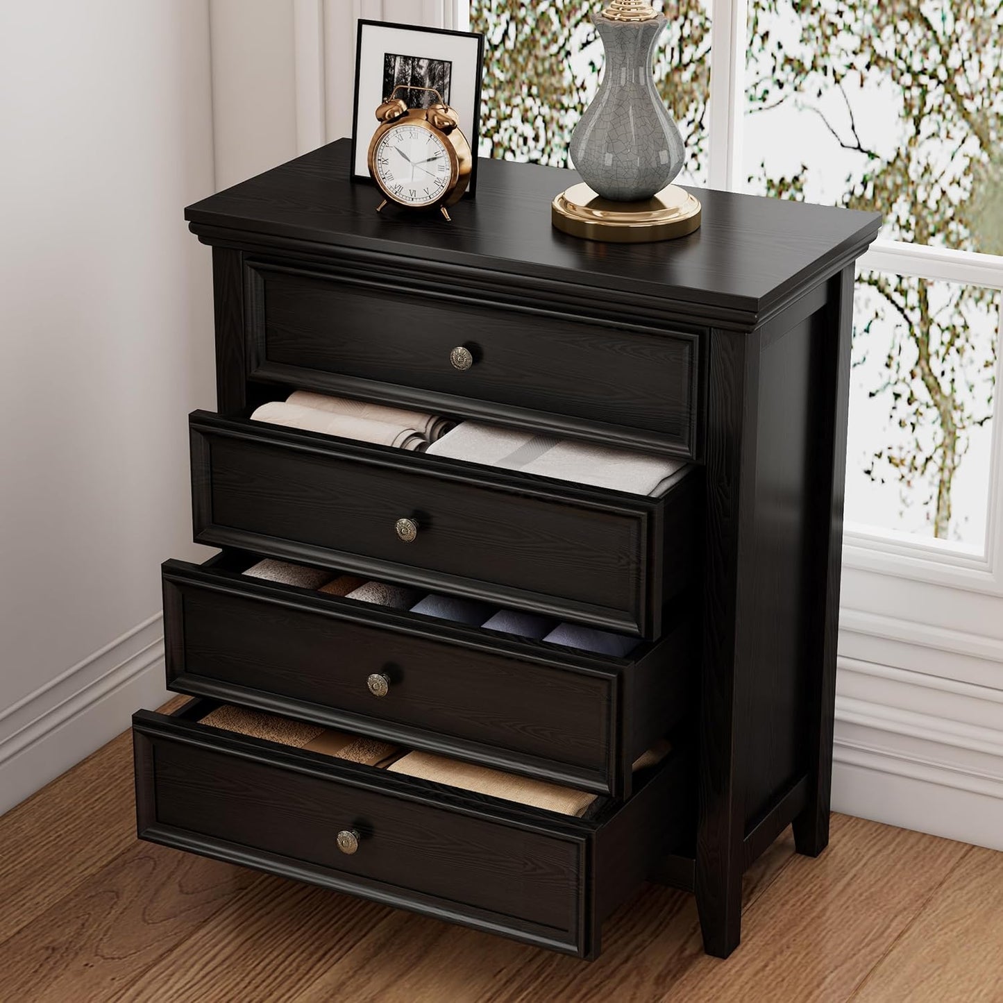 BLANKSPACE Black Dresser for Bedroom, 4 Chest of Drawer Modern Wood Nightstand, Wooden Clothes Organizer Cabinet Dressers for Living Room, Closets, Hallway