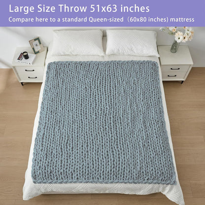 Bigacogo Chunky Knit Throw Blanket for Couch, 51x63 inches, 100% Hand Knitted with Thick Jumbo Chenille Yarn, Cozy Soft Large Rope Knot Cable Crochet Blankets for Sofa Bed Living Room, Dusty Blue