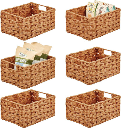 mDesign Woven Farmhouse Kitchen Pantry Food Storage Organizer Basket Bin Box - Container Organization for Cabinets, Cupboards, Shelves, Countertops - Store Potatoes, Onions, Fruit, 6 Pack, Camel Brown