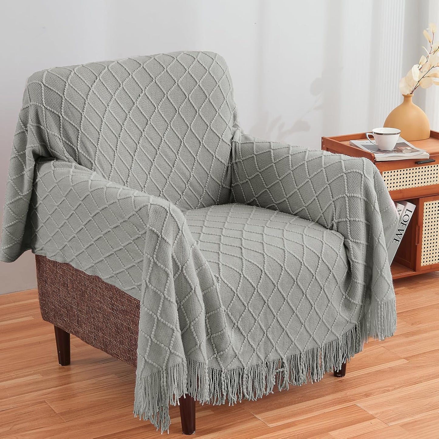 inhand Knitted Throw Blankets for Couch and Bed, Soft Cozy Knit Blanket with Tassel, Light Grey Lightweight Decorative Blankets and Throws, Farmhouse Warm Woven Blanket for Men and Women, 50"x60"