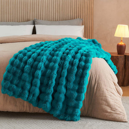 Lotus Karen Faux Fur Teal Throw Blanket - Big Bubble Rabbit Fluff Blanket for Couch Bed Sofa,Softest Fluffy Fuzzy Cozy Blanket,Thick Furry Plush Shaggy Warm Blankets for Women,50x60 Inches