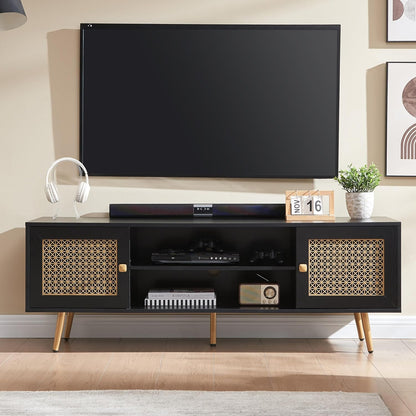 Mid Century Modern TV Stand for 65 inch TV, Entertainment Center with Storage, Metal Mesh Decorated Cabinet Doors for Living Room, Black