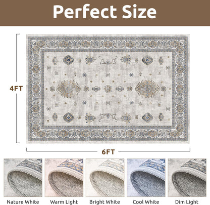 AMOAMI-Vintage Area Rug 4x6 Grey Rugs for Living Room-Soft Living Room Rug Non Slip Rugs for Bedroom Carpet Machine Washable Rug for Dining Room Bedside Office Room Decor