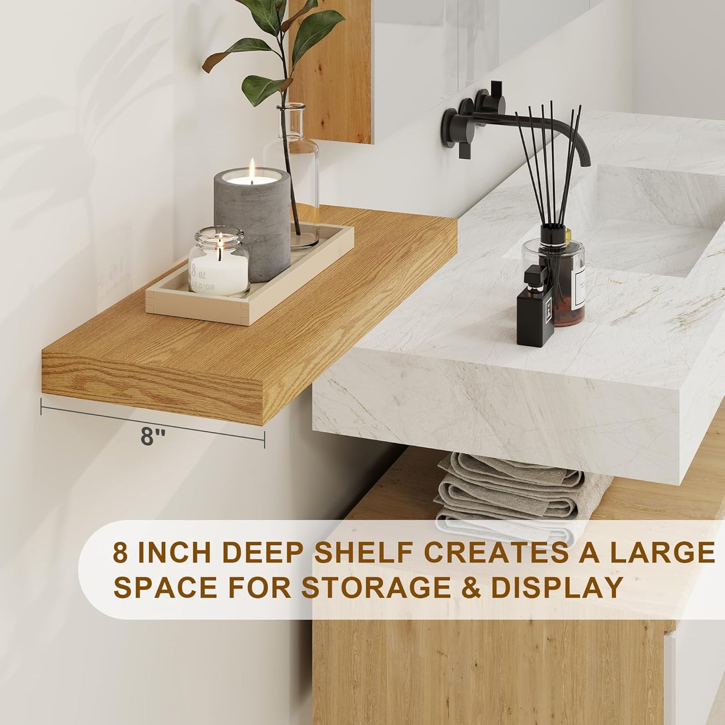 Fun Memories Floating Shelves, 8 Inch Deep Floating Shelves, Rustic Wood Fireplace Mantel 48 in Long, 48 x 8 Floating Wall Shelves for Living Room, Kitchen, Bedroom, Oak Color, 1 Pack