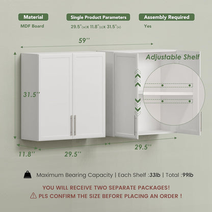 FIMELLO 60" Laundry Room Wall Cabinets with Adjustable Shelf, Large Wall Storage Cabinet, White Wall Cabinet with Doors, Upper Kitchen Cabinet, Cabinets for Laundry, Bathroom, Kitchen -White