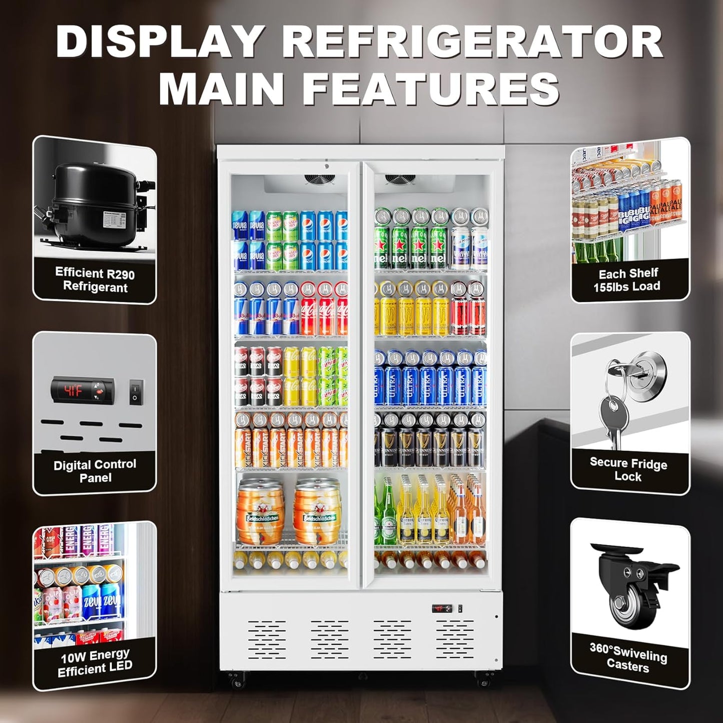 30.5 Cu.ft. Commercial Refrigerators 2 Glass Door Commercial Beverage Refrigerators Upright Display Cooler with Soft LED Light and 10 Adjustable Shelves for Restaurant Grocery Stores Home