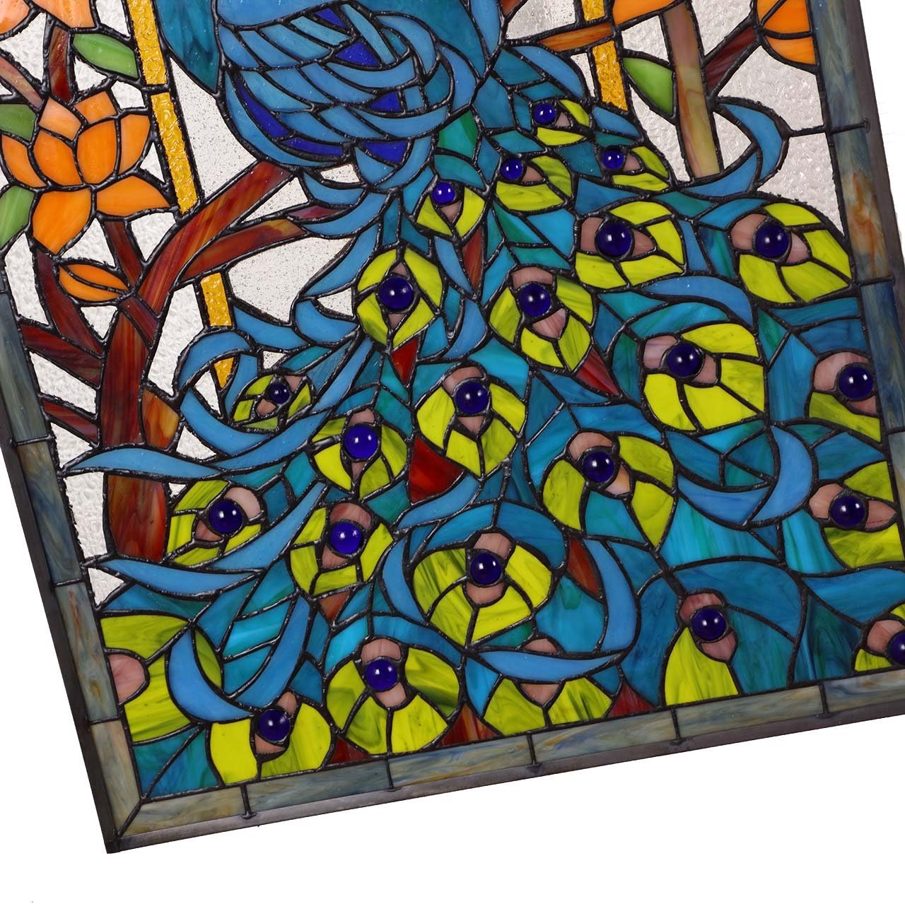 Bieye W10011 Peacock Tiffany Style Stained Glass Window Panel Hangings with Chain, 15" W x 23" H