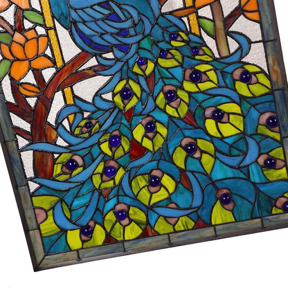 Bieye W10011 Peacock Tiffany Style Stained Glass Window Panel Hangings with Chain, 15" W x 23" H