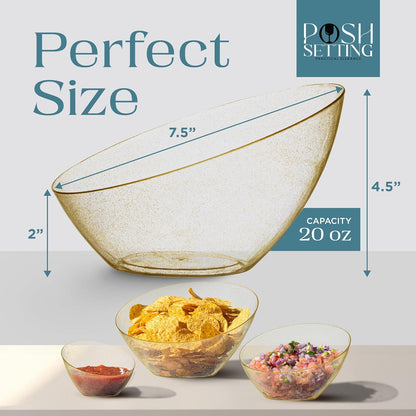 Posh Setting Gold Plastic Serving Bowls - Angled, Disposable for Chips, Candy, Salad, Fruit - Wedding Party Table - Gold Glitter, 20 OZ, 5 Pack