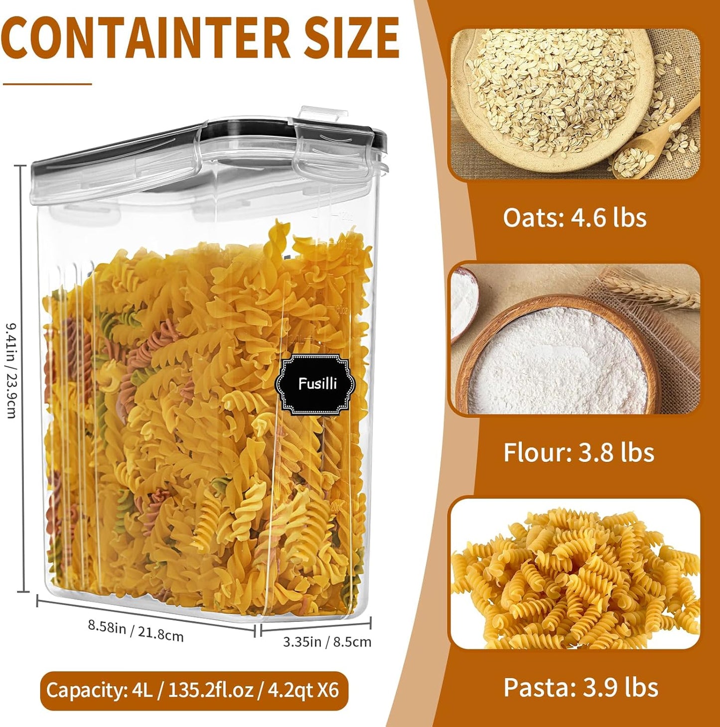 Cereal Containers Storage Set (4L / 135.2oz), 6PCS Airtight Food Storage Containers with Lids, Cereal Dispensers for kitchen Pantry Organizers and Storage with Pour Spout, 20 Labels, Marker