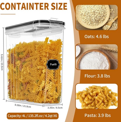 Cereal Containers Storage Set (4L / 135.2oz), 6PCS Airtight Food Storage Containers with Lids, Cereal Dispensers for kitchen Pantry Organizers and Storage with Pour Spout, 20 Labels, Marker