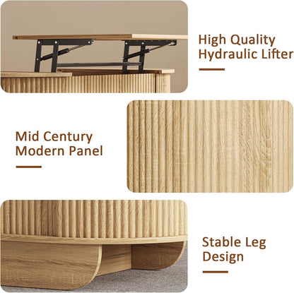 Lift Top Coffee Table with Storage,Oval Wood Coffee Table with Sliding Doors & Hidden Compartment, Fluted Center Table for Home,Living Room,Office, Natural