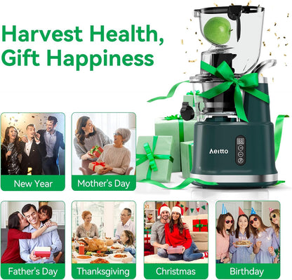 Cold Press Juicer,Aeitto Slow Masticating Juicer with Wide & Dual Feed Chute for Vegetables and Fruits, High Juice Yield, Self Feeding for Juice Extractor, BPA-Free, Dark Green