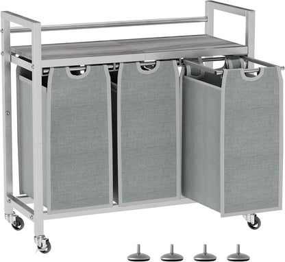 Laundry Hamper, Laundry Basket, Laundry Sorter with 3 Removable Bags, Clothes Basket with 3 Compartments, Wheels, Shelf for Laundry Room Bathroom Bedroom (3 Bags-Gray)