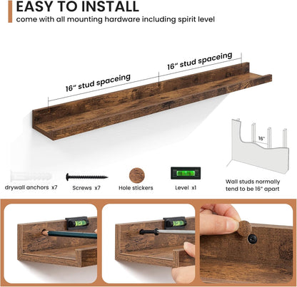 Fun Memories Picture Ledge Shelves Set of 2, 36 Inch Rustic Wall Mounted Floating Shelves with Lip for Home Storage and Décor in Bathroom, Kitchen, Nursery, Bedroom, Living Room, Brown