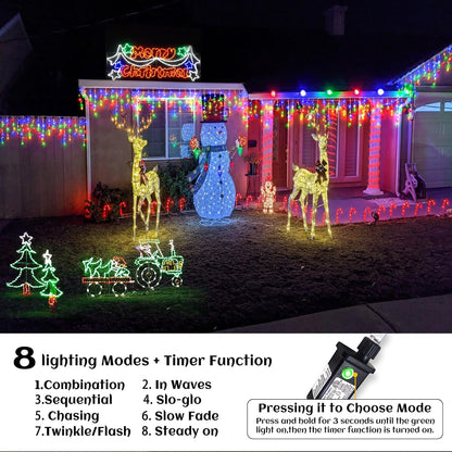 132 ft Christmas Lights -1280 LED Icicle Lights Outdoor with 240 Drops Hanging String Lights, 8 Modes Plug in Waterproof Timer Memory for Holiday Wedding Party Window Garden Decoration (Multicolor)