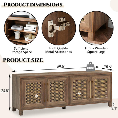 JYED Mid Century Modern TV Stand for TVs up to 75 Inch, with Hollow Metal Mesh Decorated，Boho TV Console with Storage Cabinet,Cable Holes, TV Stand for Living Room, 69.5"x15.6"x24.8", Rustic