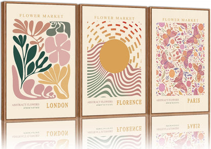 Tinonedraw Boho Flower Market Framed Canvas Wall Art Set, Pink Beige Cute Butterfly Wall Decor, Colorful Abstract Floral Wall Painting, Modern Matisse Art Print for Girls Room Bedroom Office Nursery 16"x24"x3