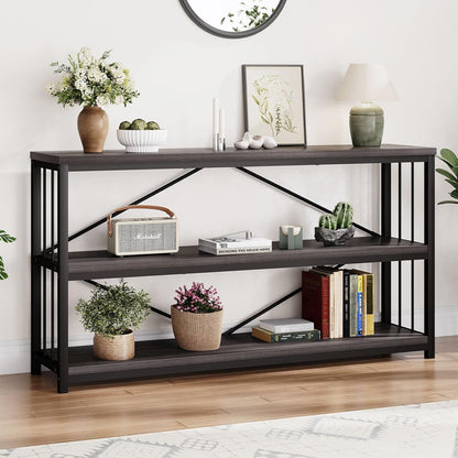 LVB Industrial Console Table, Metal and Wood Sofa Table, Rustic Entryway Table with Storage, Modern 3 Tier Shelf Long Foyer Tables Behind Couch for Home Living Room Hallway, Dark Gray Oak, 55 Inch