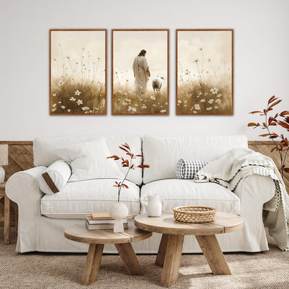 KAIRNE Jesus Framed Canvas Wall Art,Lost Sheep Wall Decor Set of 3(16”X24”),Holy Christian Art Print,Religious Scripture Pictures,Bible Renaissance Wall Painting for Living Room,Bedroom,Church Decor