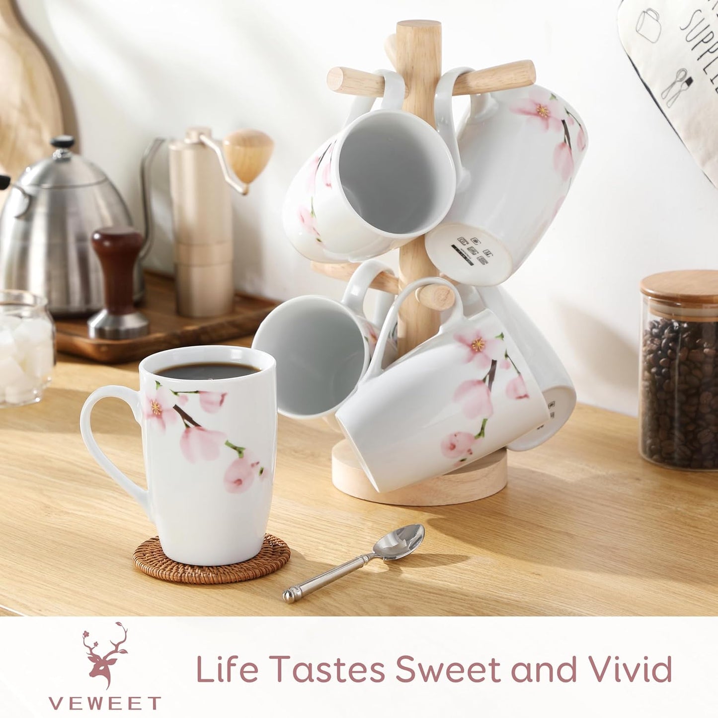 VEWEET Large Coffee Mugs Set of 6, 16 OZ Coffee Cups Set with Handle, Floral Mug Sets Ceramic Cup Set for Kitchen, Microwave& Dishwasher Safe, Series ANNIE