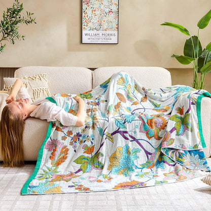 Summer Throw Blanket, 50"x60" Reversible Bohemian Flower Blanket, 100% Cotton Muslin Breathable Woven, Farmhouse Decorative Throw Blanket