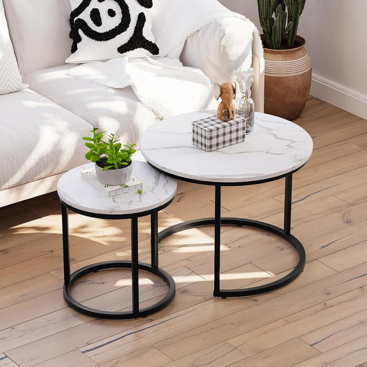 Smuxee White Nesting Coffee Table Set of 2, 23.6" Round Coffee Table Wood Grain Top with Adjustable
