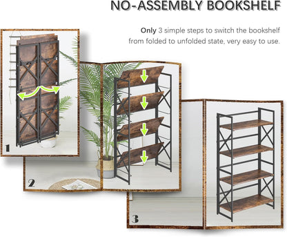 4NM 4 Tiers No Assembly Book Shelves, 41.3" H Folding Bookshelf Bookcase Open Industrial Foldable Shelves for Bedroom, Living Room, Home Office - Rustic Brown Black