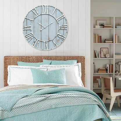 Large Farmhouse Wall Clock 24 Inch Vintage Blue Wooden Wall Clock with Quiet Ticking and Minimalist Roman Numerals for Bedroom Living Room Office Kitchen Home Decor, Battery Operated