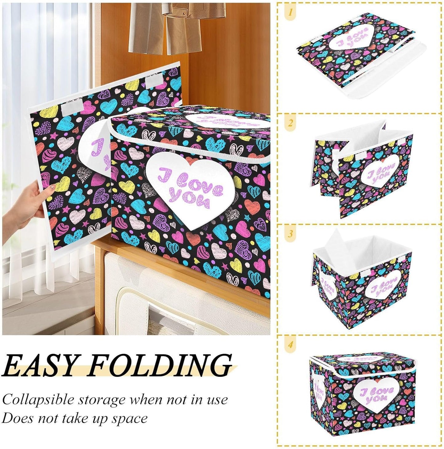 susiyo Colorful Valentines Heart Dark fabric storage baskets with lids,Collapsible Storage Boxes,Foldable storage boxes with handles for Home,Office,Closet Organization