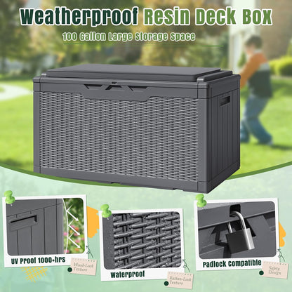 Greesum 100 Gallon Resin Deck Box Large Outdoor Storage with Cushions for Patio Furniture, Garden Tools, Pool Supplies, Weatherproof and UV Resistant, Lockable, Gray