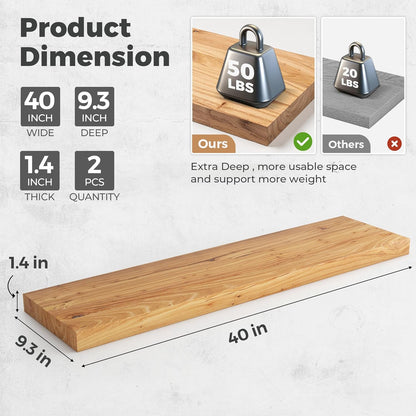 RICHFOCUS Elm Floating Shelves for Wall - 40" W x 9.3" D Rustic Solid Wood Shelves with Invisible Bracket, Wall-Mounted for Living Room, Bedroom, Kitchen Storage & Display, Set of 2, Natural
