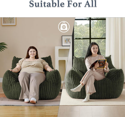 Giant Plush Bean Bag Chair for Adults with Armrests - Oversized Comfy Green Beanbag Lounge Lazy Floor Sofa Accent Chair for Living Room, Bedroom & Dorm, Cozy Fluffy Single Cloud Mini Couch