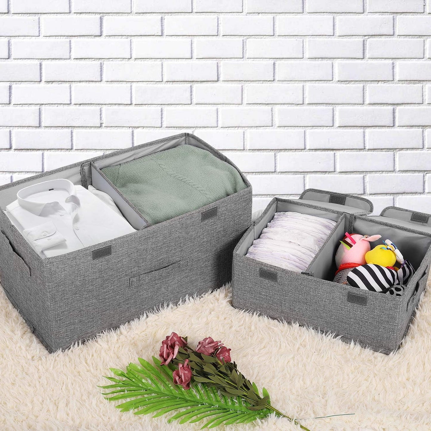 2 Pack Large Linen Fabric Collapsible Storage Bins with Lid and Handles, Washable Storage Box Baskets Cube with Removable Divider for Bedroom,Closet,Office,Living Room,Nursery (Black, Small)
