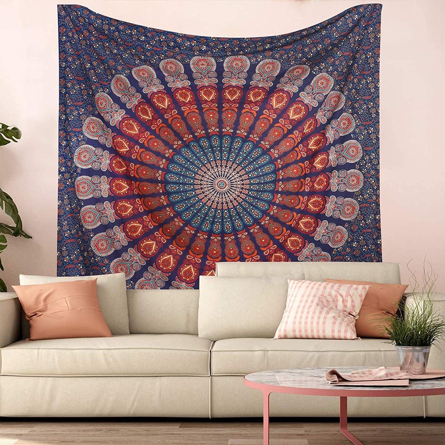 Bless International Handmade Indian hippie Bohemian Psychedelic Peacock Mandala Wall hanging College Dorm Beach Throws Table Cloth Bedding Tapestry (Golden Blue White, Poster(30x40Inches)(76x101cms))