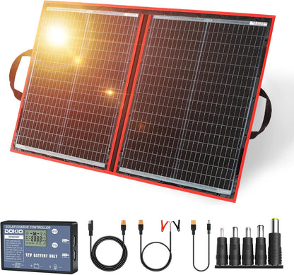 DOKIO 100W Portable Foldable Solar Panel Kit, Compact 21x28in Design 5.9lb with Standalone Controller and USB, Monocrystalline Charger for 12V Batteries, Power Stations, RV Camping Emergency Use