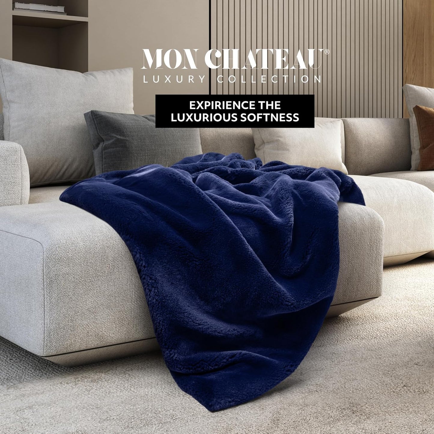 Mon Chateau Luxury Ultimate Plush Faux Fur Throw with 6cm Foldover for Couch, Sofa, or Bed - Plush Ultra Soft Blanket for Sleeping or Home Décor, 60" x 70"(Navy)