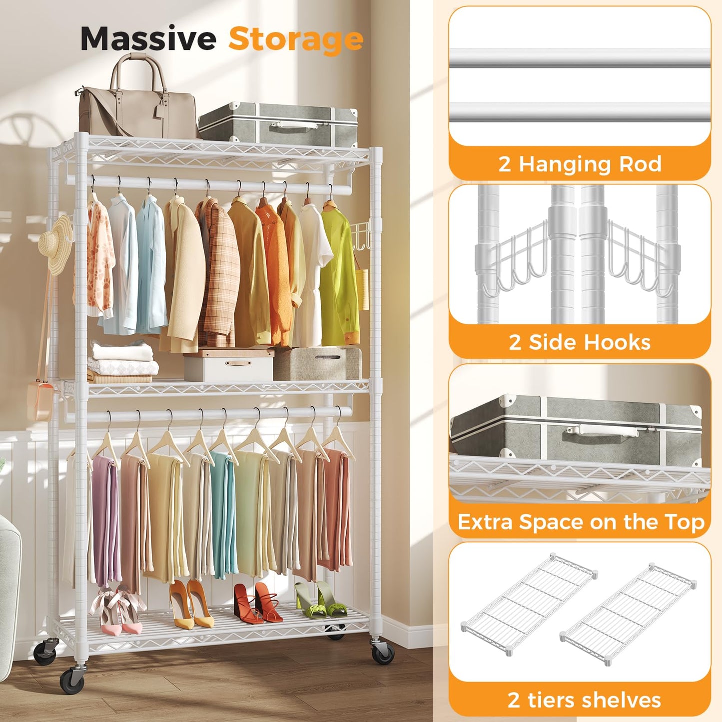 OLIXIS Clothes Rack Heavy Duty Adjustable Garment Clothing Rack with Wheels, Rolling Metal