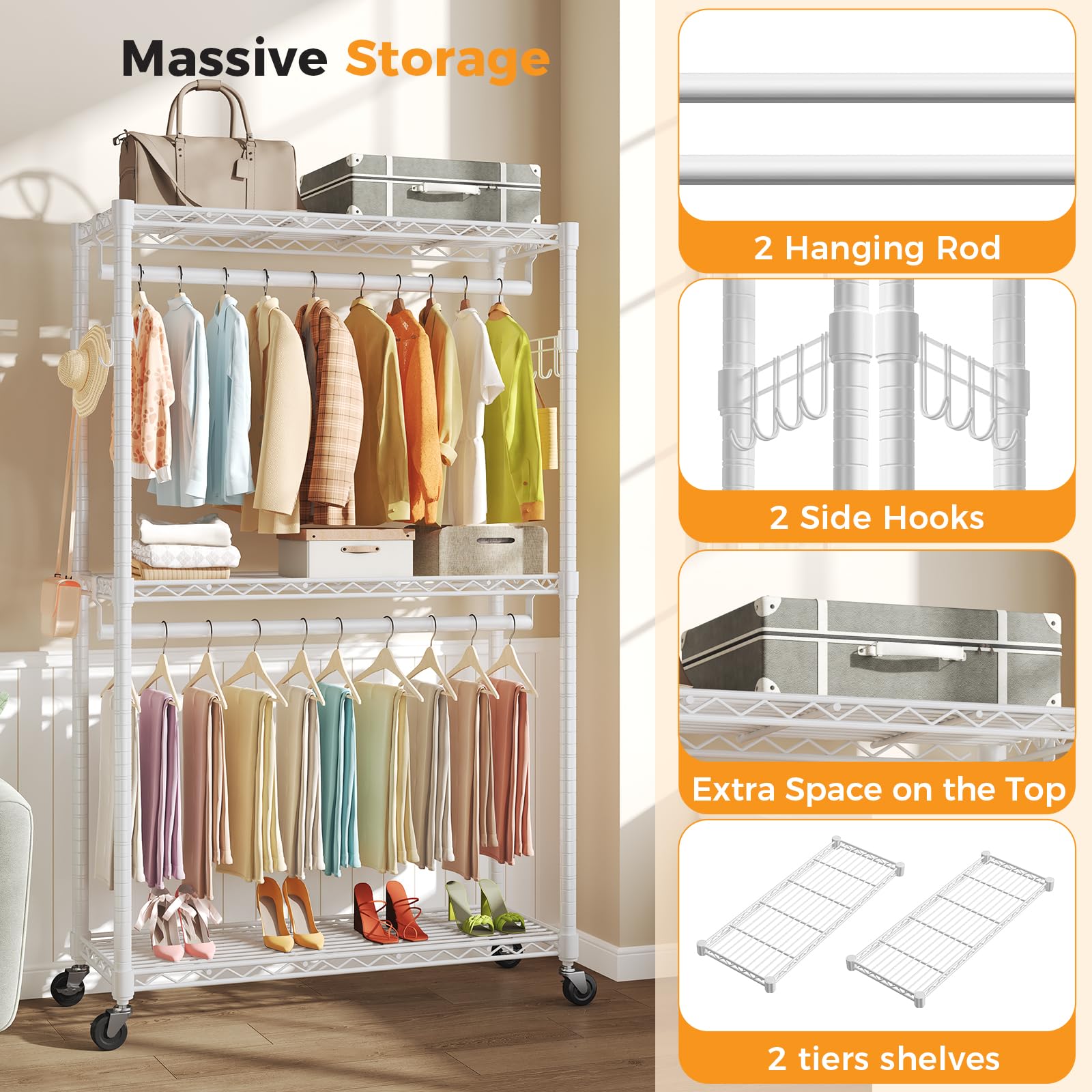 OLIXIS Clothes Rack Heavy Duty Adjustable Garment Clothing Rack with Wheels, Rolling Metal