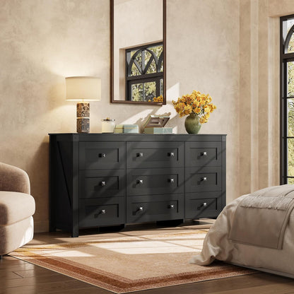 WLIVE Farmhouse Dresser for Bedroom, 63" Wide 9 Drawer Dresser Storage Organizer, Wood Chest of Drawers for Bedroom, TV Stand for 70 inch TV, for Living Room, Hallway, Ball Bearing Slide (Black)