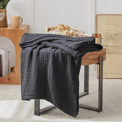EMME Cotton Muslin Throw Blanket Couch Breathable Gauze Blanket Soft Lightweight Blankets Adults (Black, 50"x60")