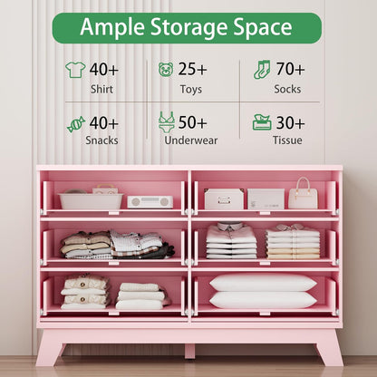 Fluted Dresser for Bedroom with 6 Drawers, 48" Wide Modern Chest of Drawers with Metal Handle, Wooden Dresser TV Stand, Wood Closet Clothes Storage Drawer Organizer for Living Room, Hallway, Pink